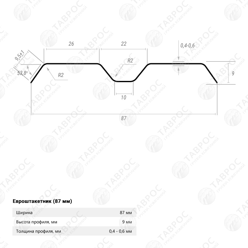 Металлический штакетник Гладкий полиэстер RAL 6005 (Зелёный мох) 2500*87*0,5 односторонний Фигурный