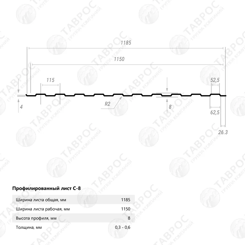 Профнастил С-8 Гладкий полиэстер RAL 6005 (Зелёный мох) 2500*1185*0,5 двухсторонний