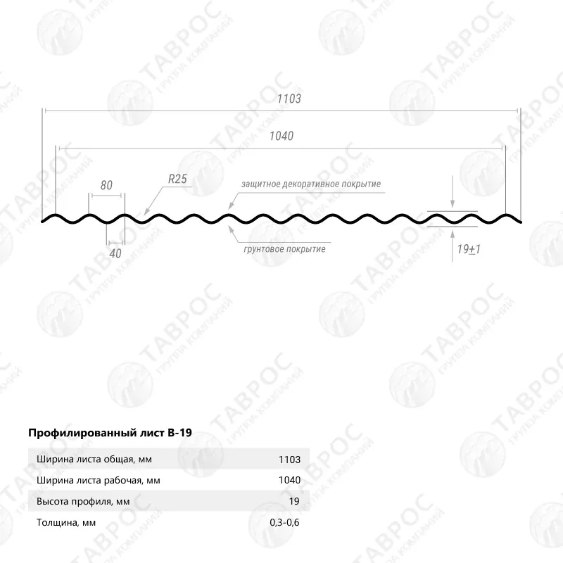 Гофрированный лист В-19 Zn 2500*1103*0,5 односторонний